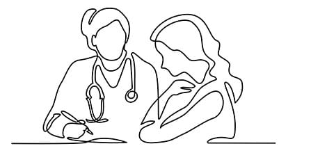 Line drawing of doctor and female patient